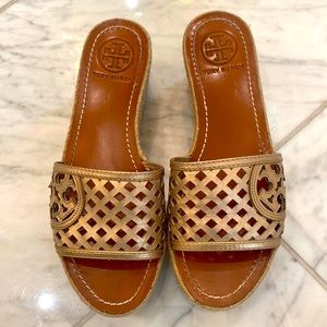 Tory Burch gold platform wedge